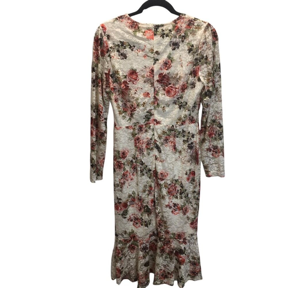 Floral Lace Overlay Dress Womens Medium White Long Sleeve Ruffle Hem feminine
